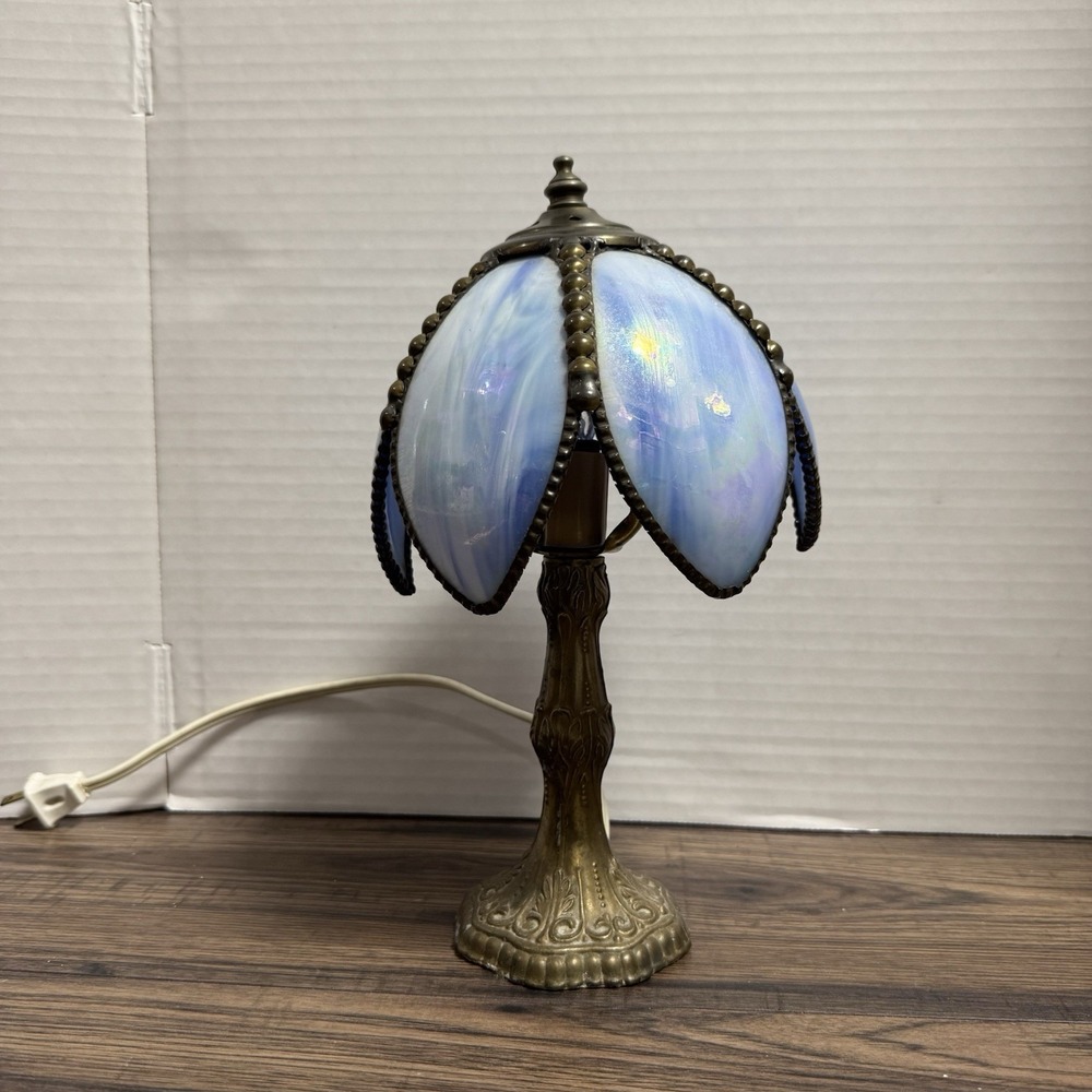 Vintage Meyda Tiffany Lighting 11.5" H Petal Bud Mini Lamp Blue Opal Brass - Picture 5 of 12